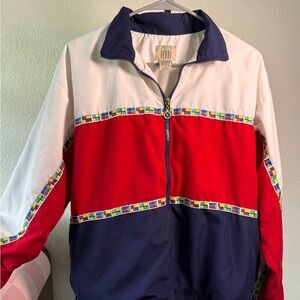 Vintage 80s Teddi Red and White and Blue Nautical Flags Zip-Up Windbreaker Jacke